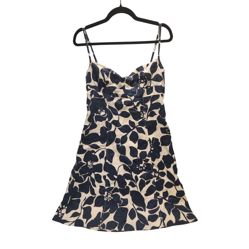 JCrew 100% Linen Botanical Floral Sweetheart Dress Blue 8 Boho Beach Resort Wear